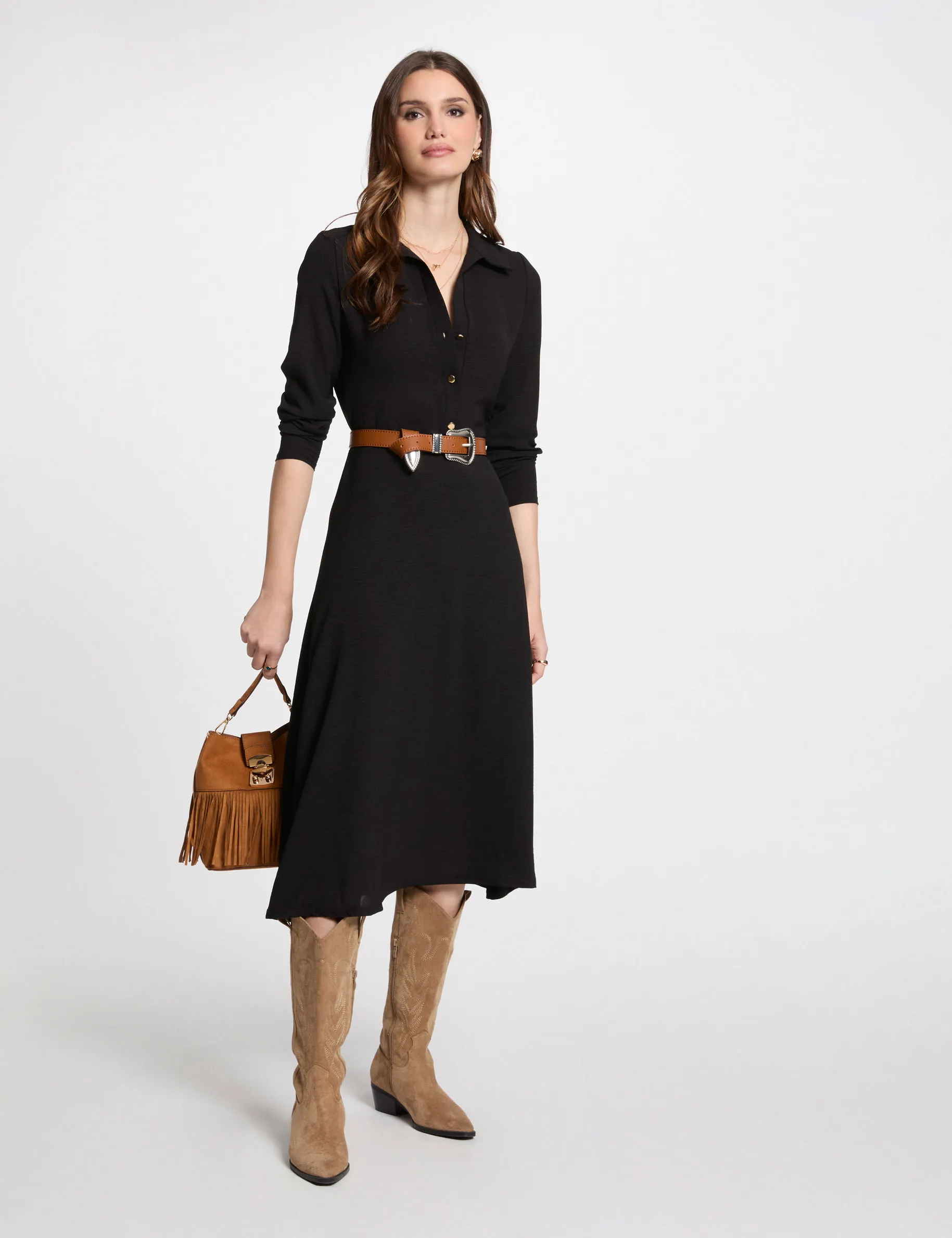 Black Loose Straight Midi Dress for Women