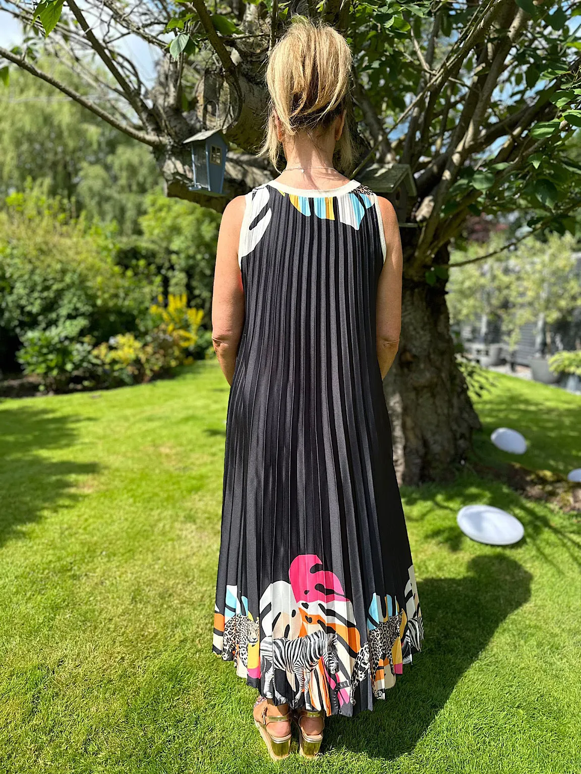 Black Pleated Dress, Tropical Animal Print, Leona