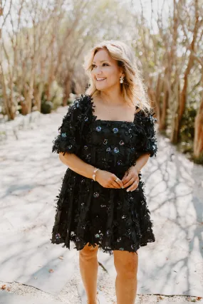 Black Sequin Flower Babydoll Dress