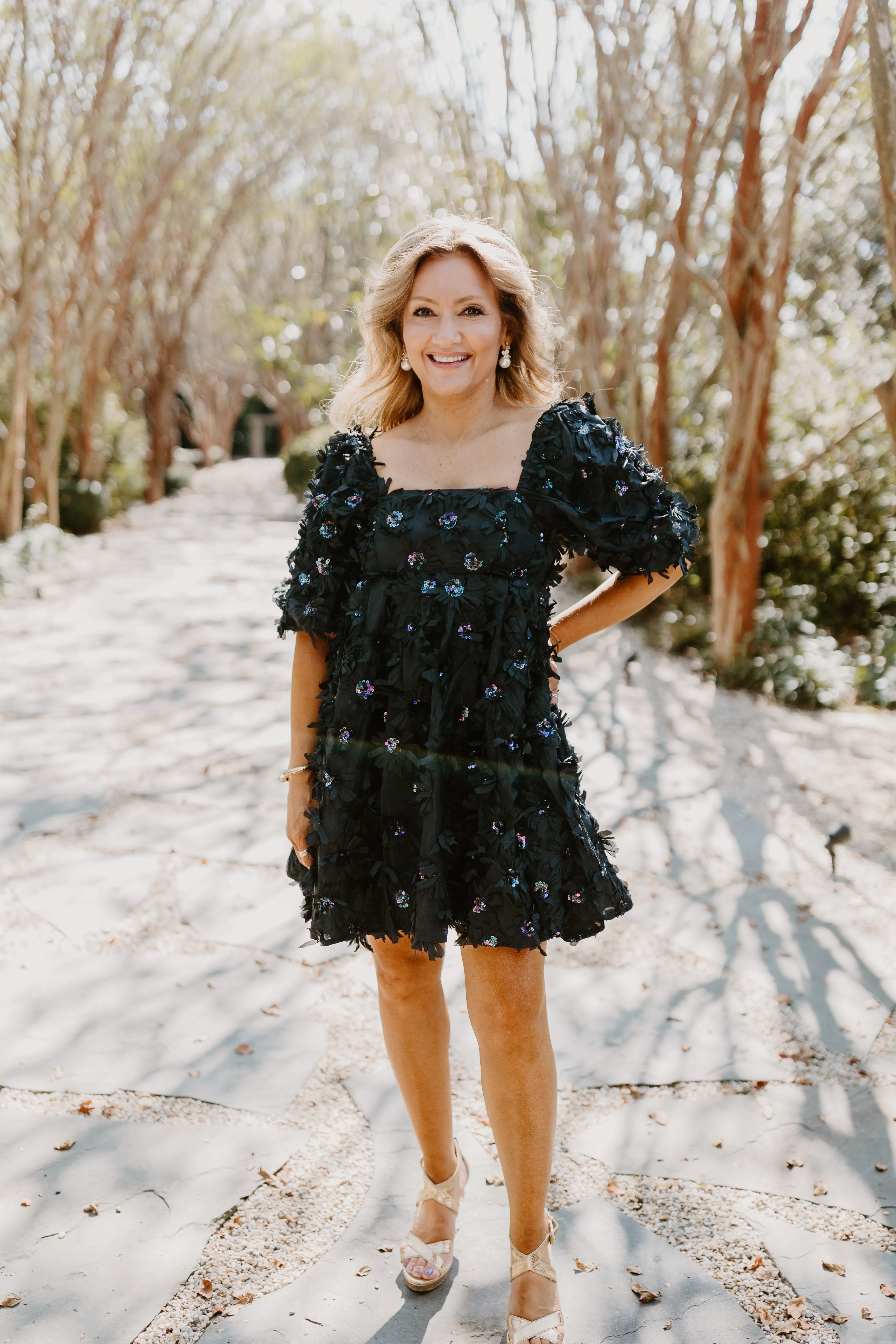 Black Sequin Flower Babydoll Dress