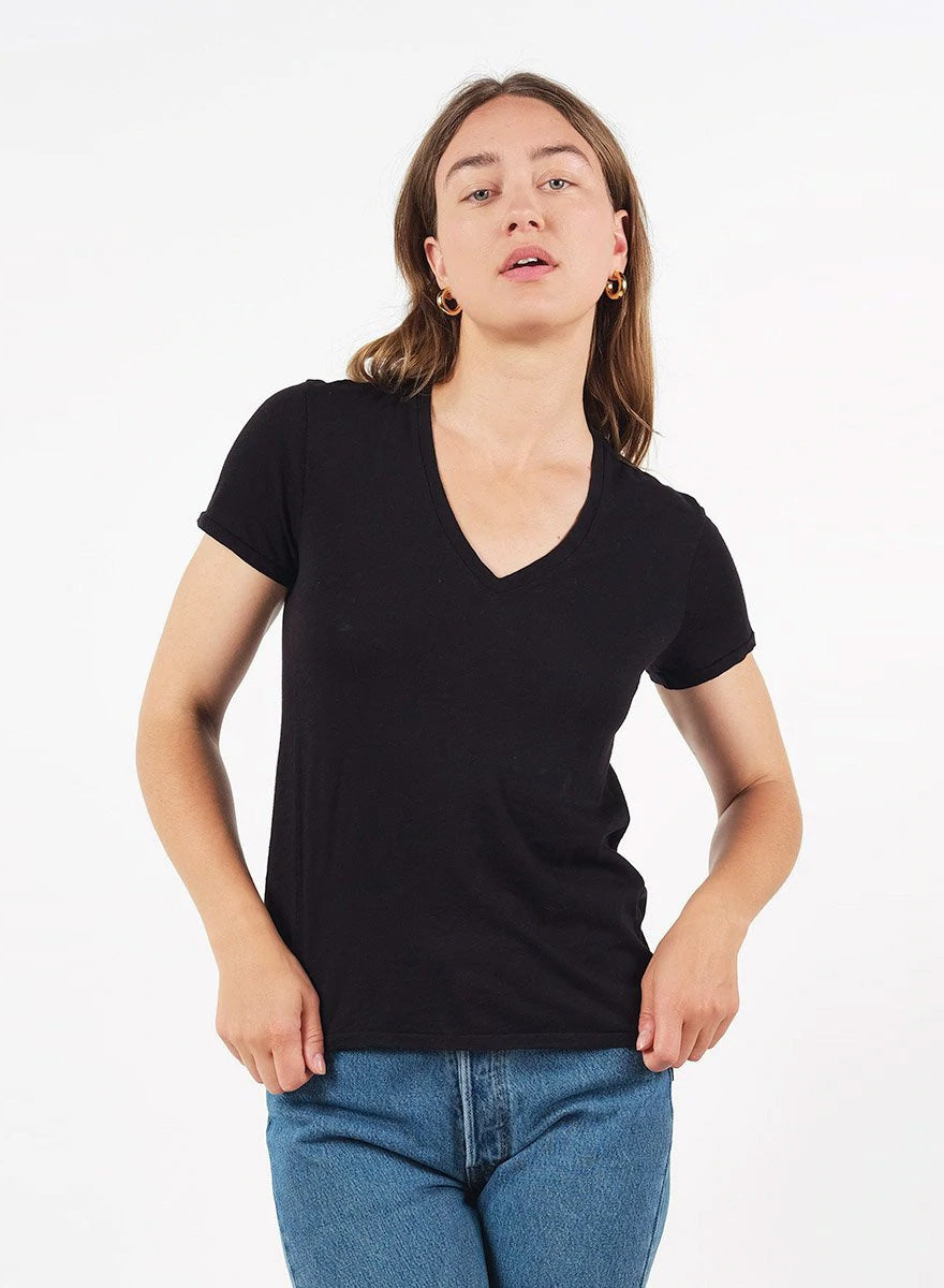 Black Supima Slub Short Sleeve V-Neck T-Shirt