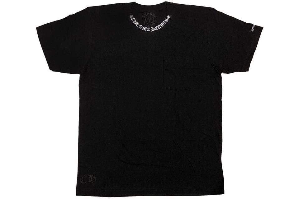 Black T-shirt with Chrome Heart neck logo and offensive sleeve print