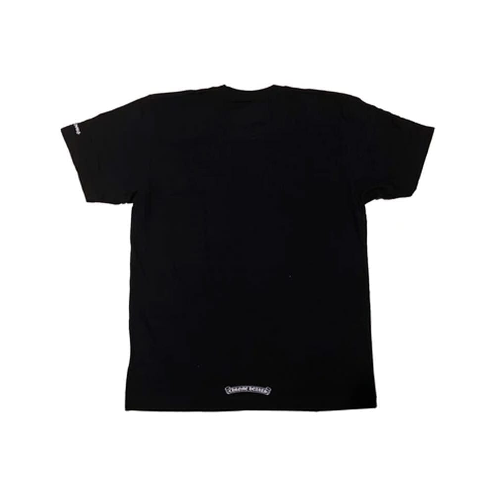 Black T-shirt with Chrome Heart neck logo and offensive sleeve print