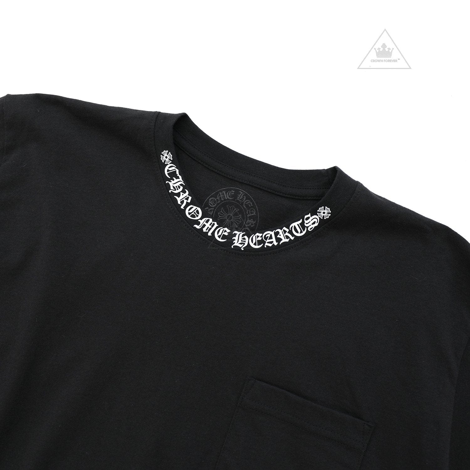 Black T-shirt with Chrome Heart neck logo and offensive sleeve print