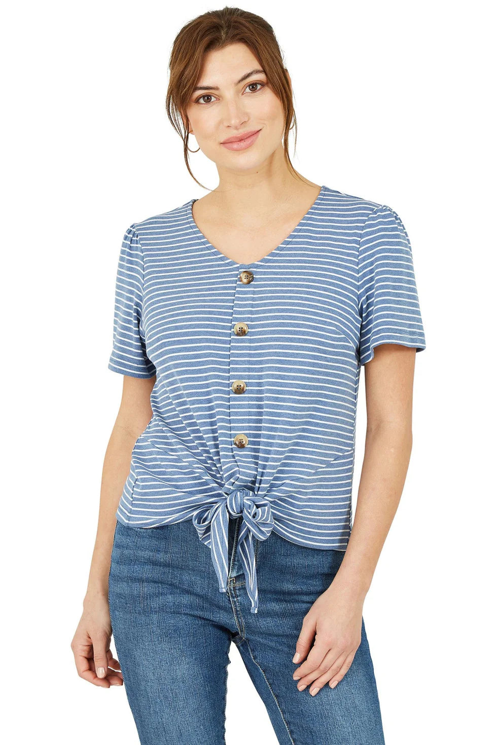 Blue Striped Jersey Top with Button Detail by Yumi