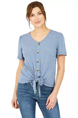 Blue Striped Jersey Top with Button Detail by Yumi