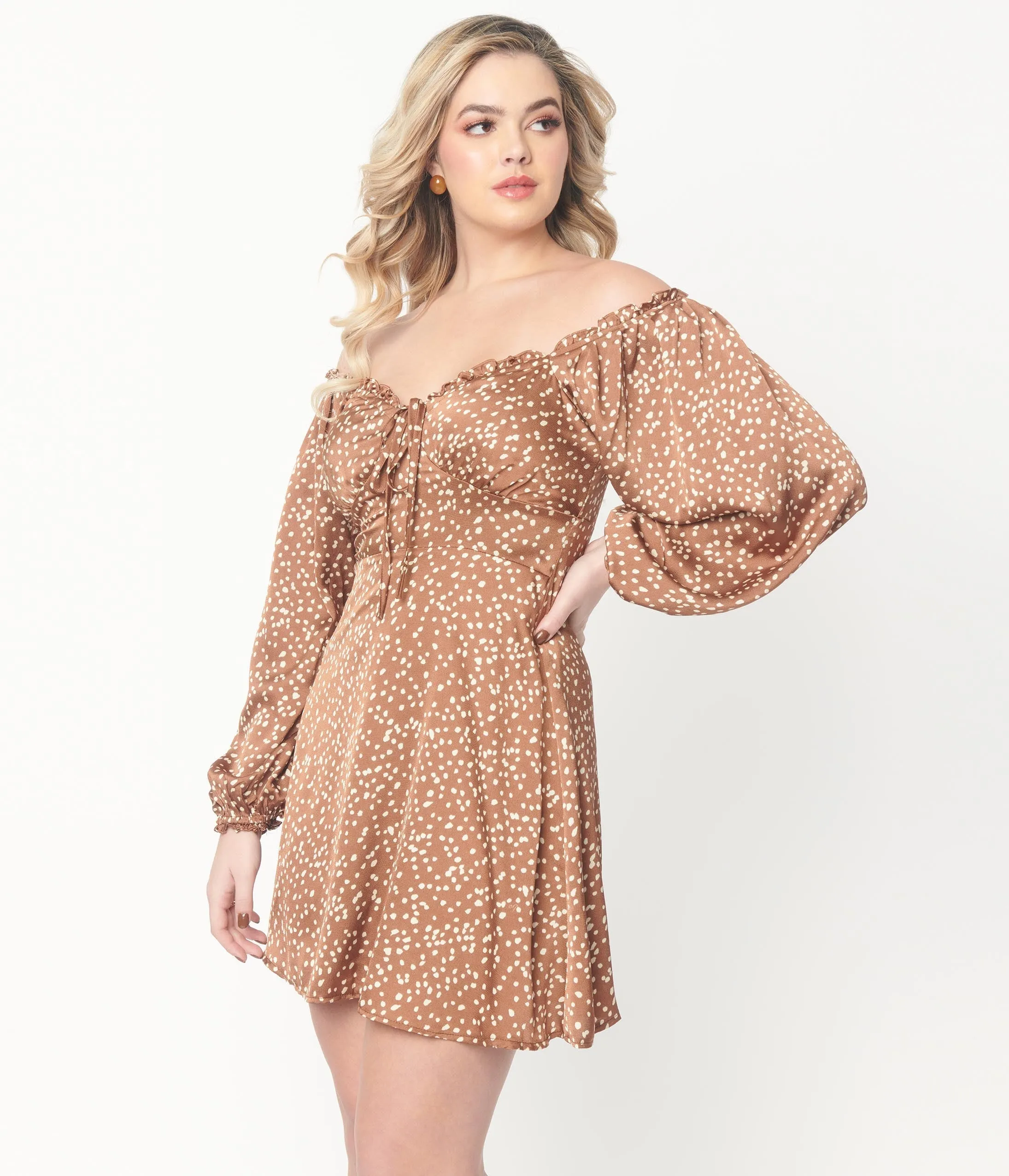 Brown Cream Abstract Spots Fit Flare Dress