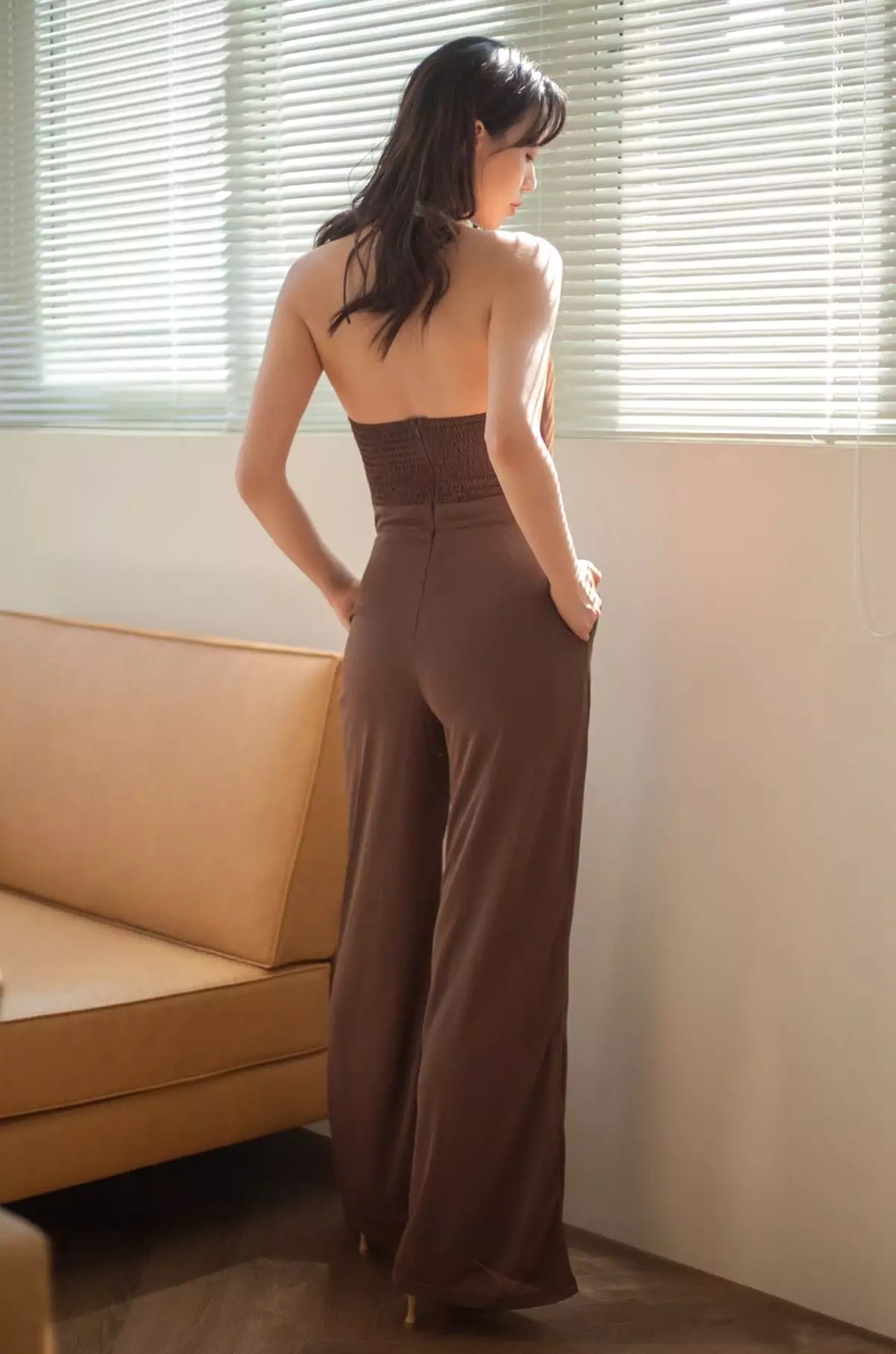 Brown beach wedding chiffon jumpsuits