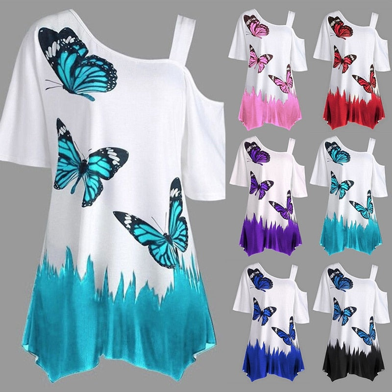 Butterfly Print Women's Tunic Tee - Top Irregular Shirt