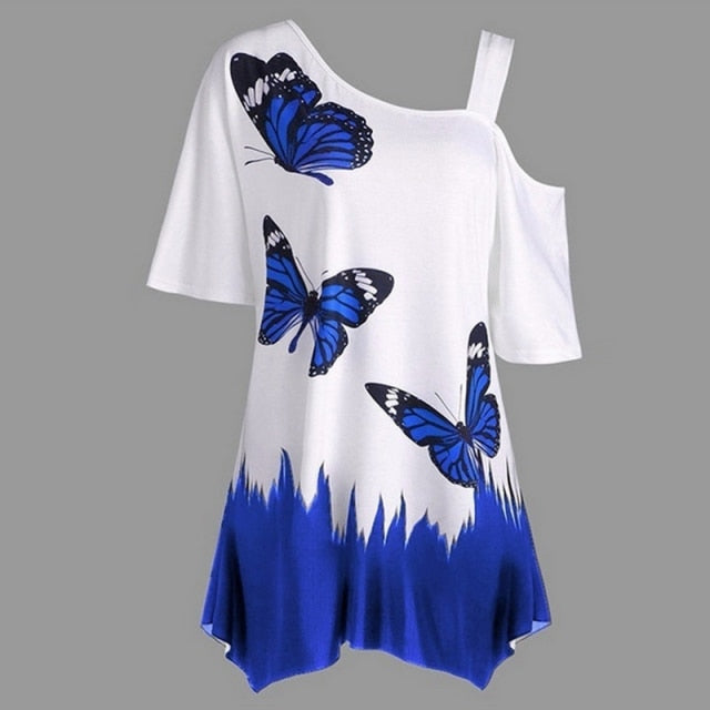 Butterfly Print Women's Tunic Tee - Top Irregular Shirt