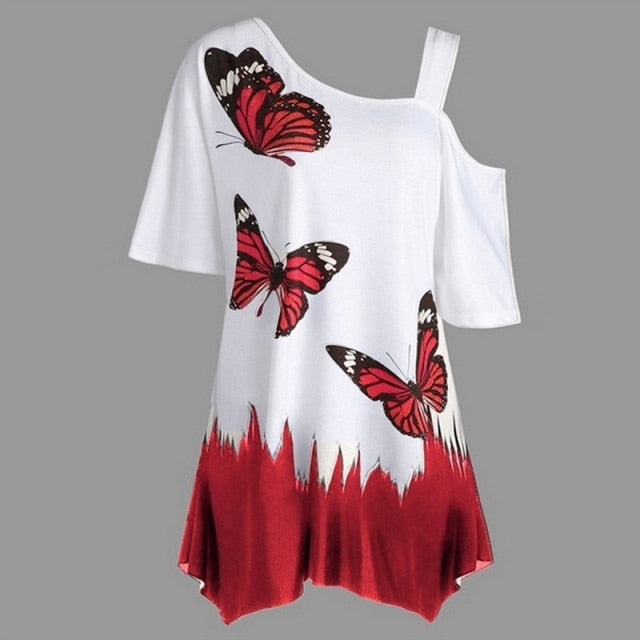 Butterfly Print Women's Tunic Tee - Top Irregular Shirt