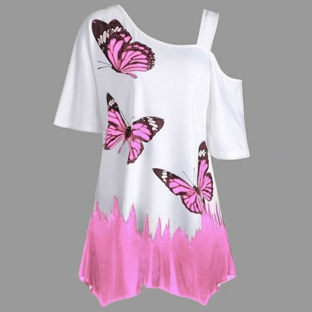 Butterfly Print Women's Tunic Tee - Top Irregular Shirt