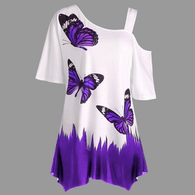 Butterfly Print Women's Tunic Tee - Top Irregular Shirt