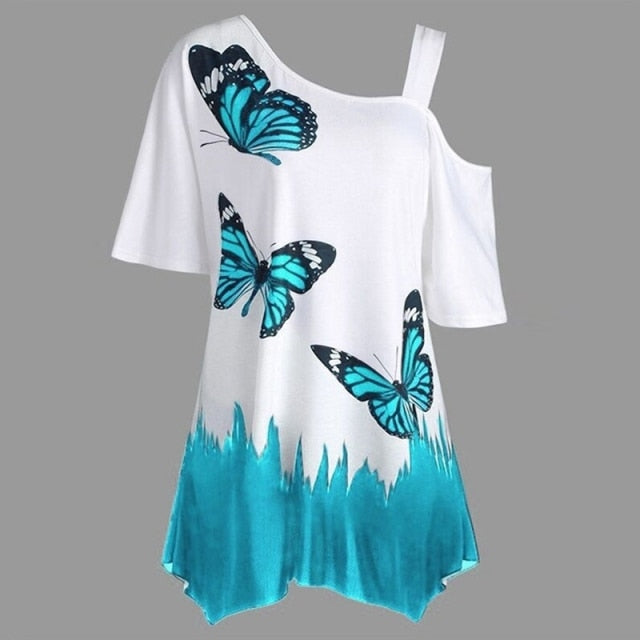 Butterfly Print Women's Tunic Tee - Top Irregular Shirt