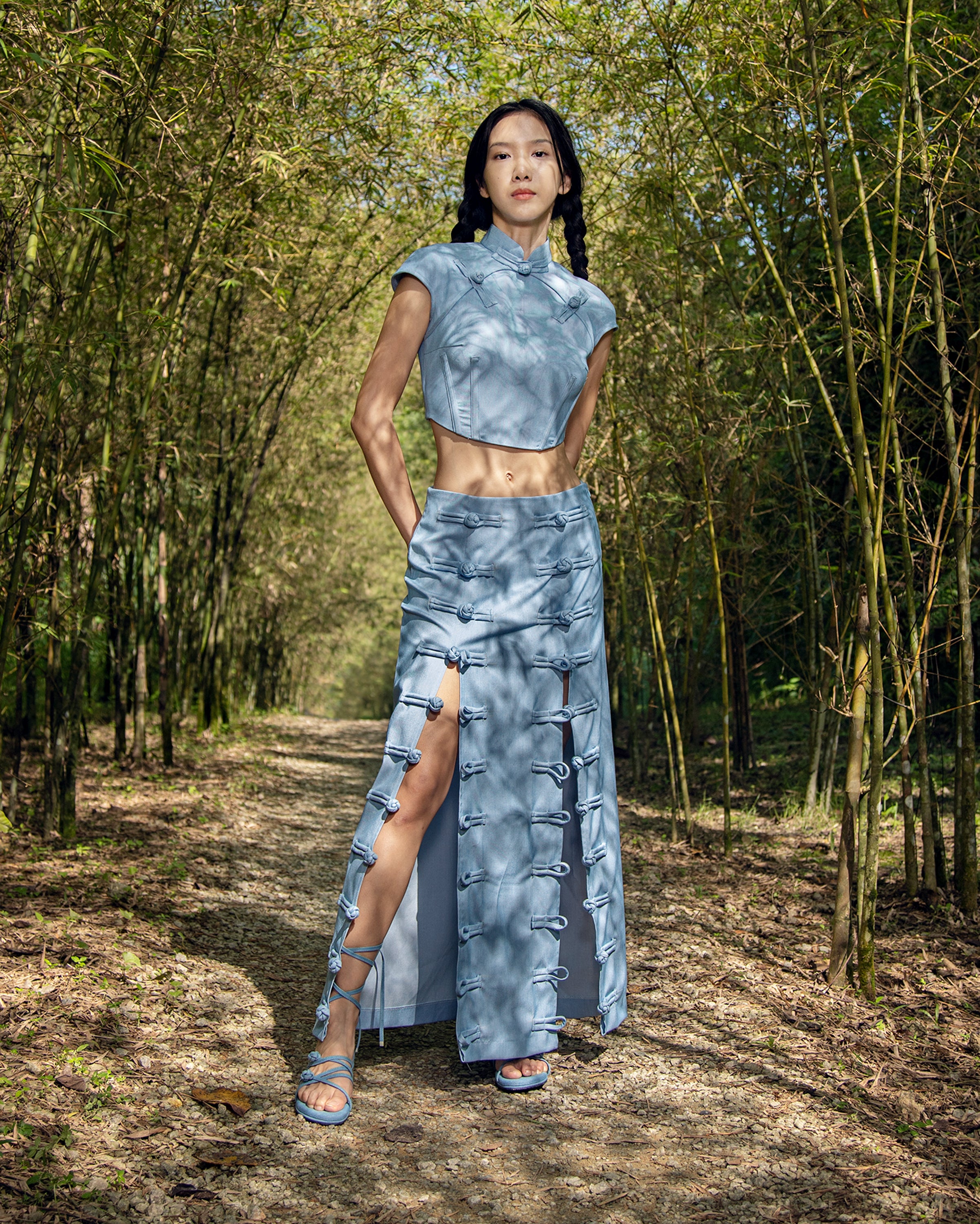 Cheongsam Corset Dress in Light Denim