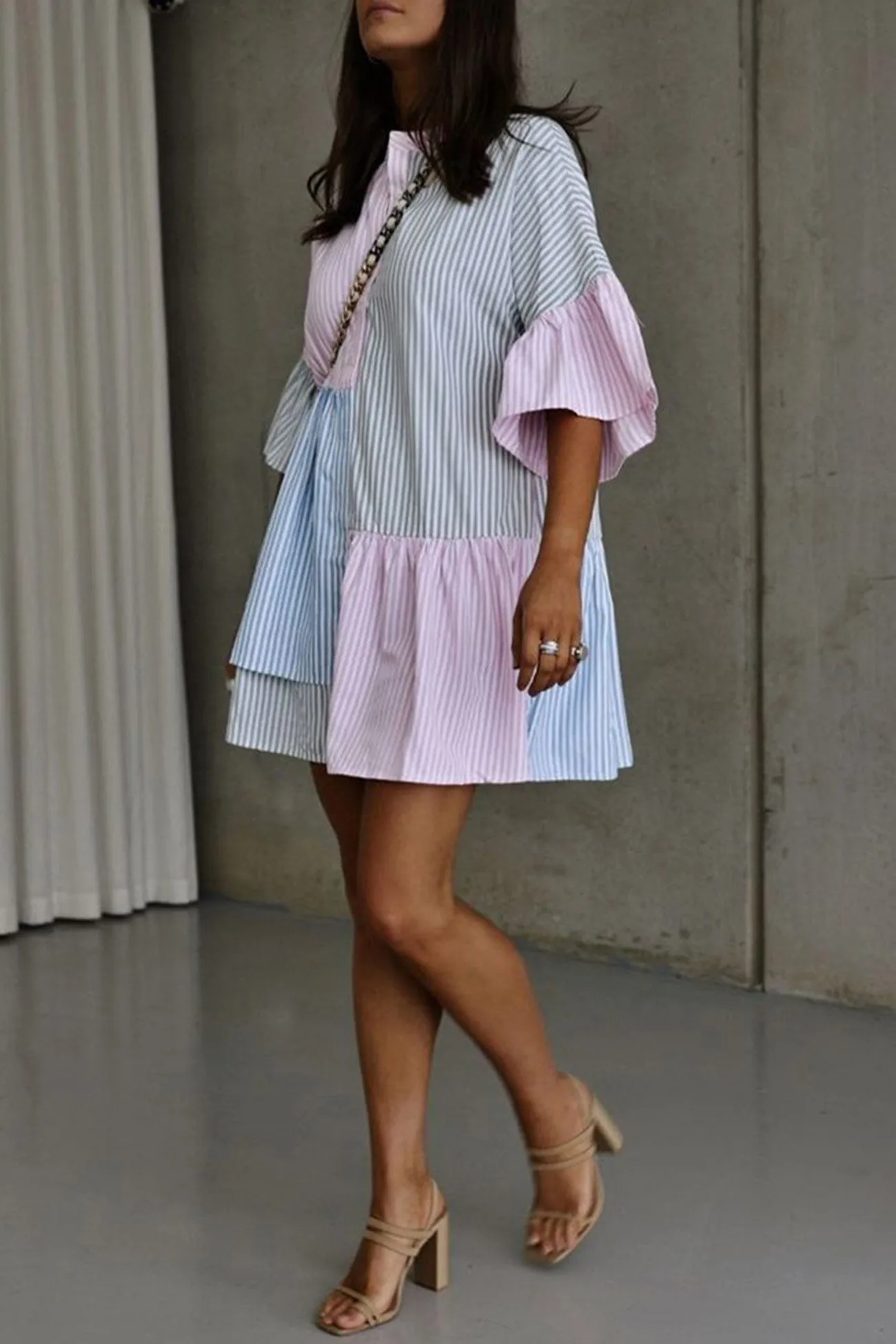 Striped Flare Sleeve Shirt Dress