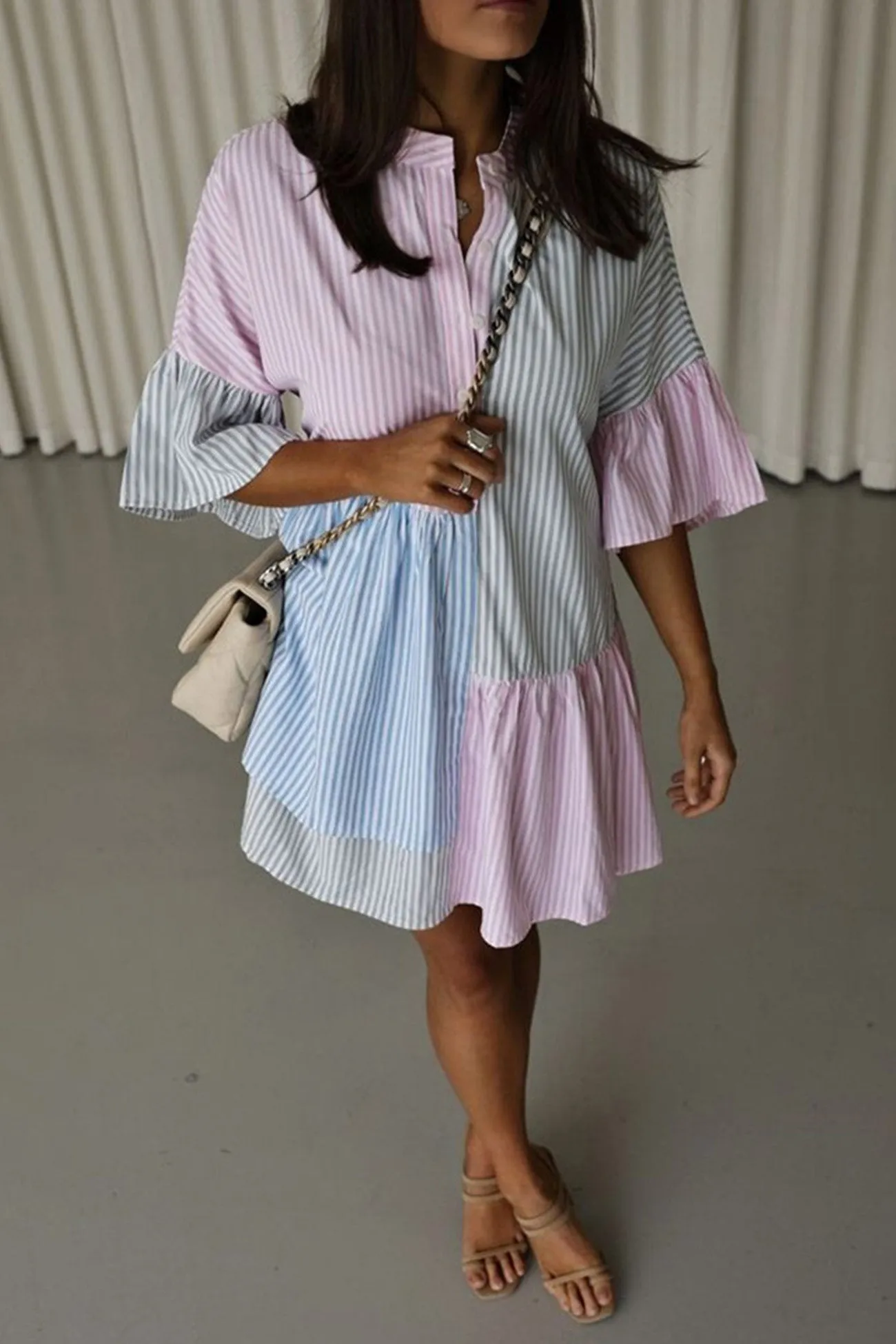 Striped Flare Sleeve Shirt Dress