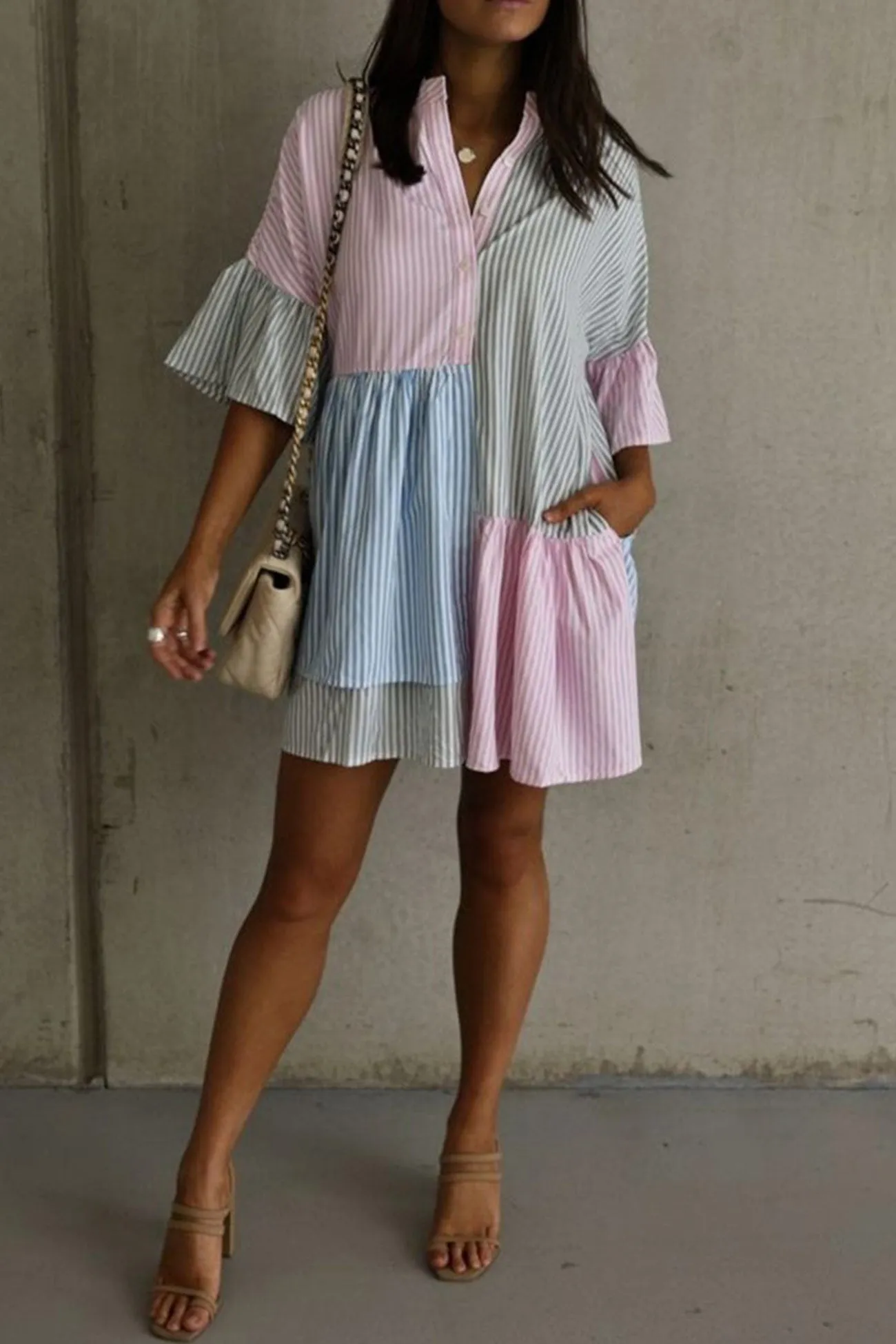 Striped Flare Sleeve Shirt Dress