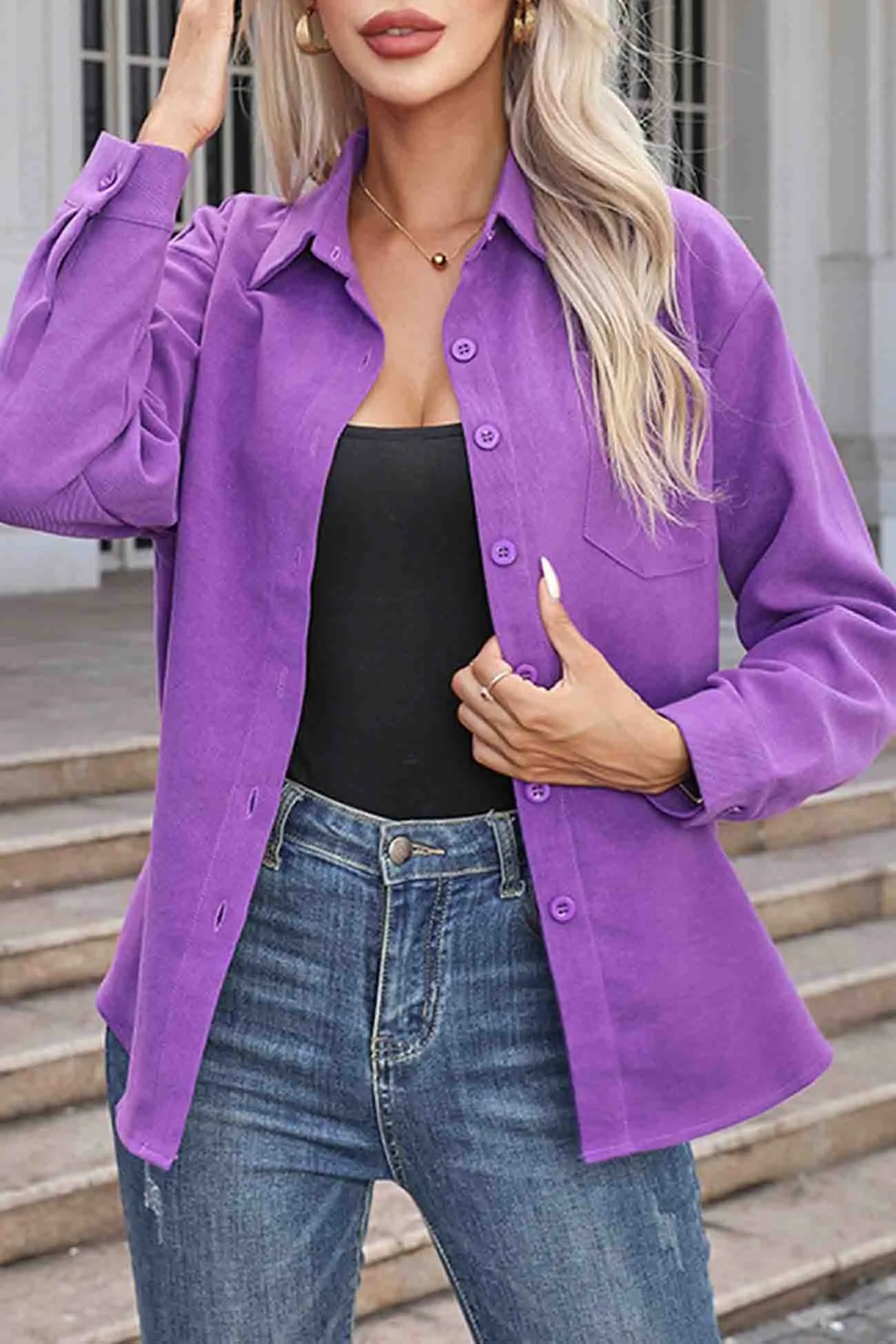 Fashionable Corduroy Button Up Blouse