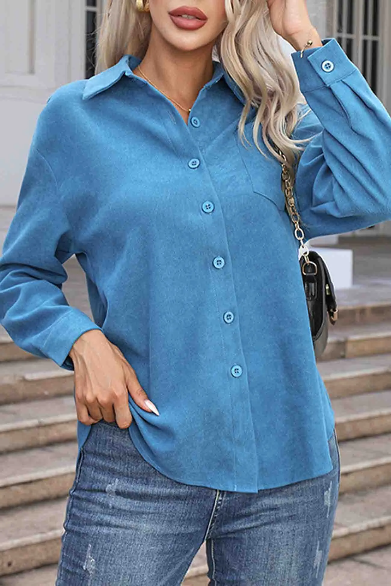 Fashionable Corduroy Button Up Blouse