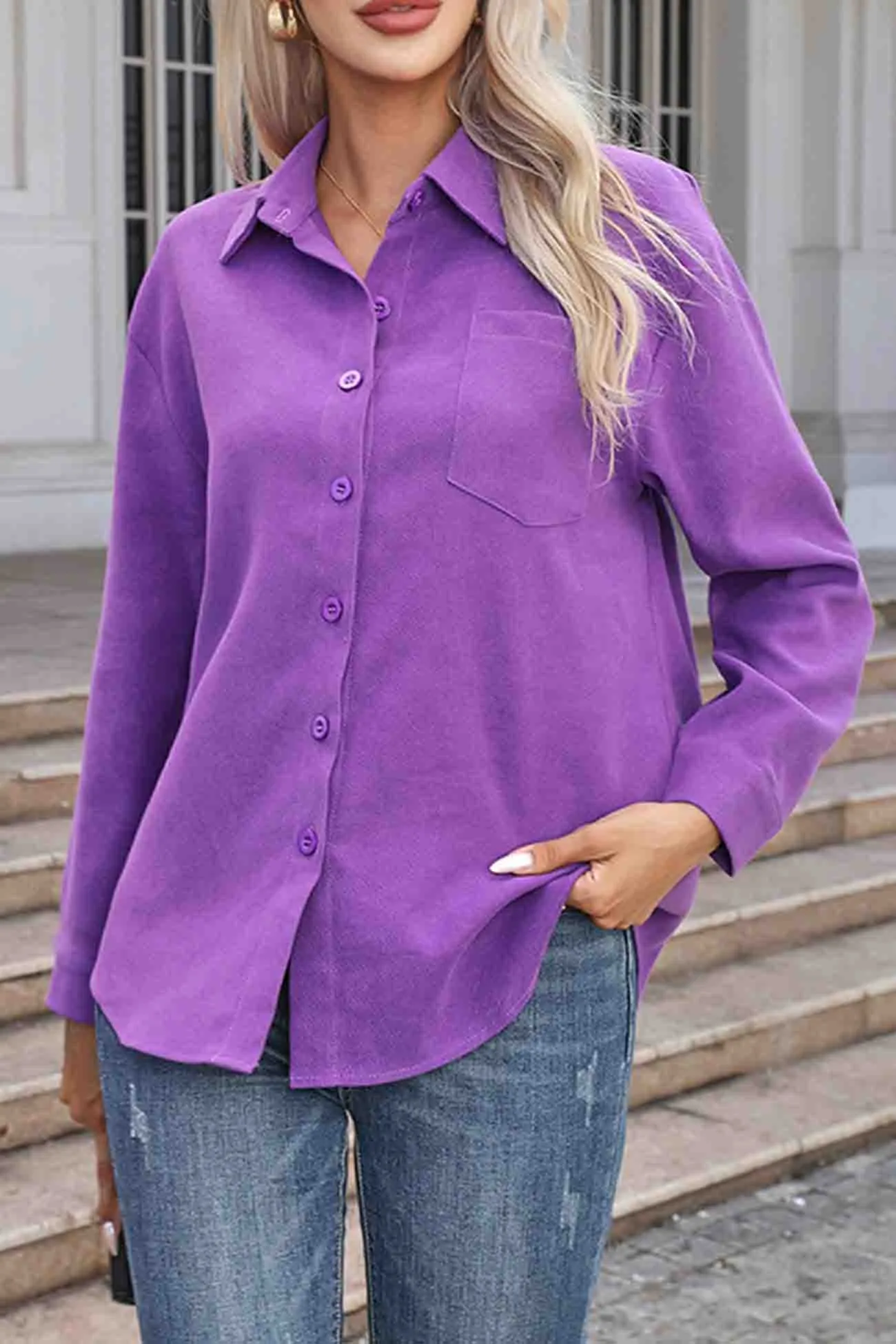 Fashionable Corduroy Button Up Blouse