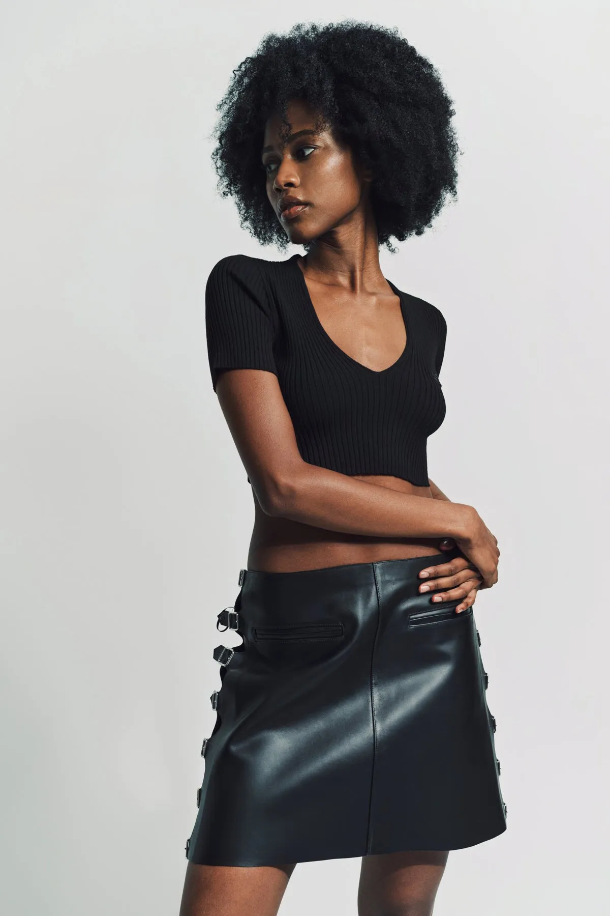 COURRGES SANGLE LEATHER MINI SKIRT