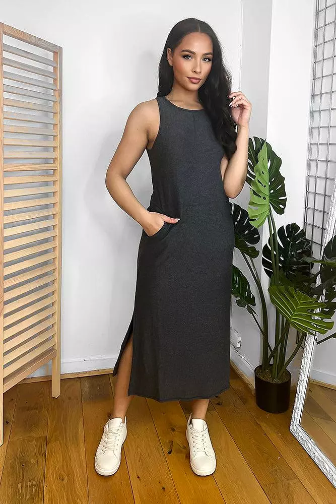 Dark Grey Sleeveless T-Shirt Dress with Side Splits