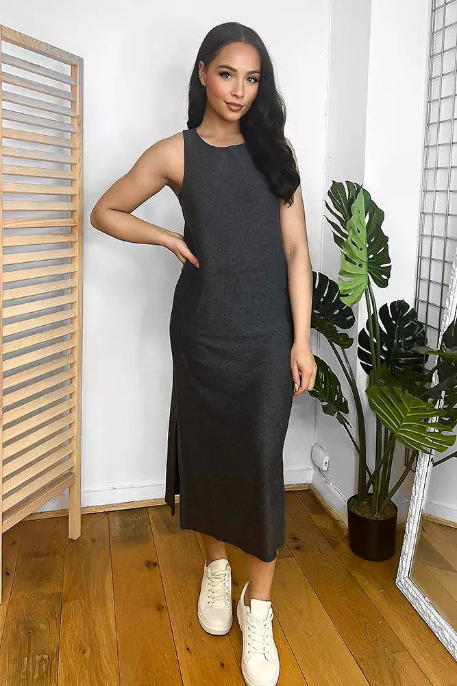 Dark Grey Sleeveless T-Shirt Dress with Side Splits