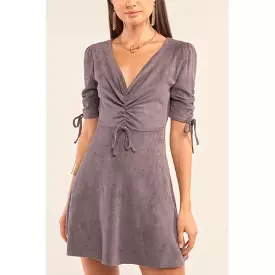 Deep V-neck self-tie juniors dress with gathered chest detail