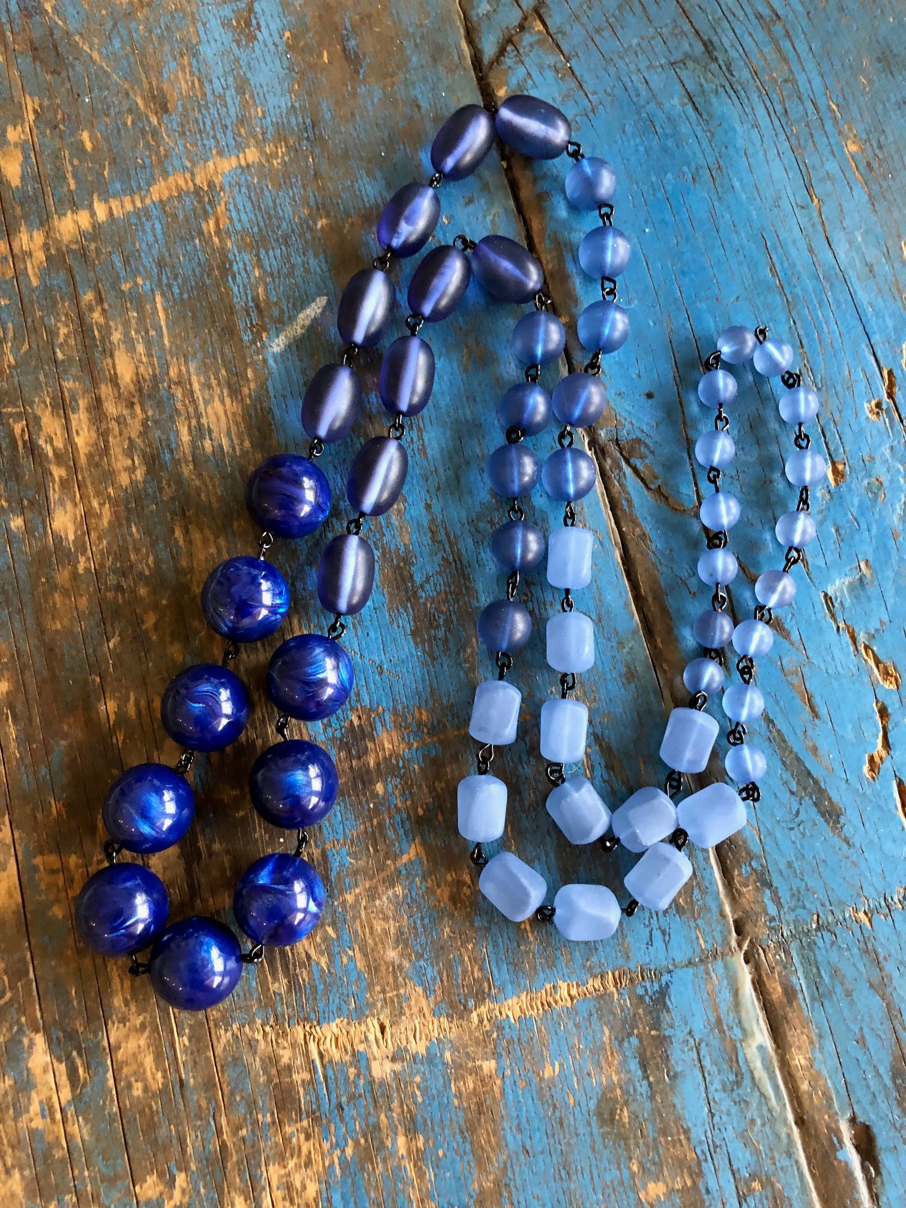 Denim Blue Rosary Chain Rope Necklace Beaded