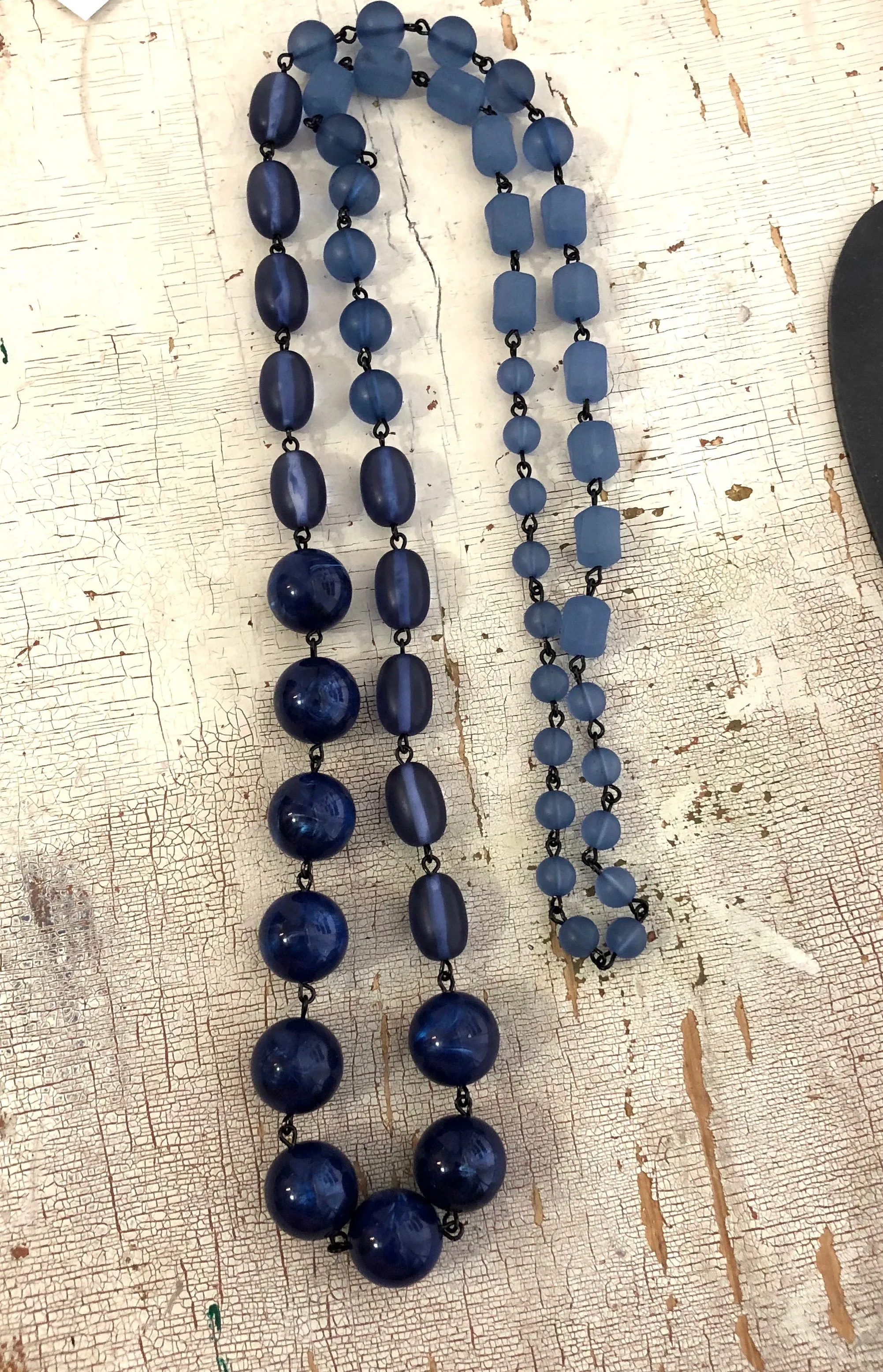 Denim Blue Rosary Chain Rope Necklace Beaded