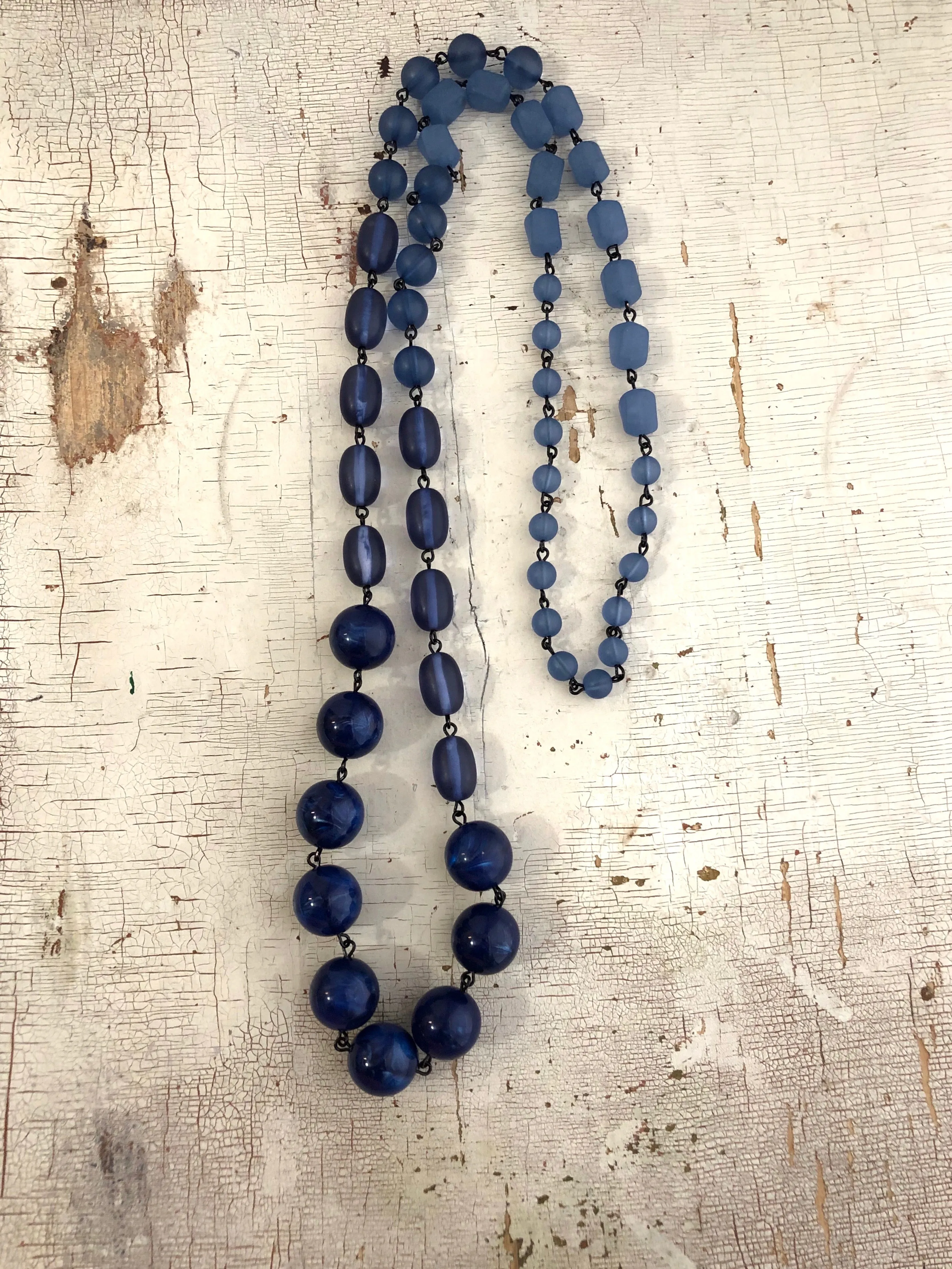 Denim Blue Rosary Chain Rope Necklace Beaded