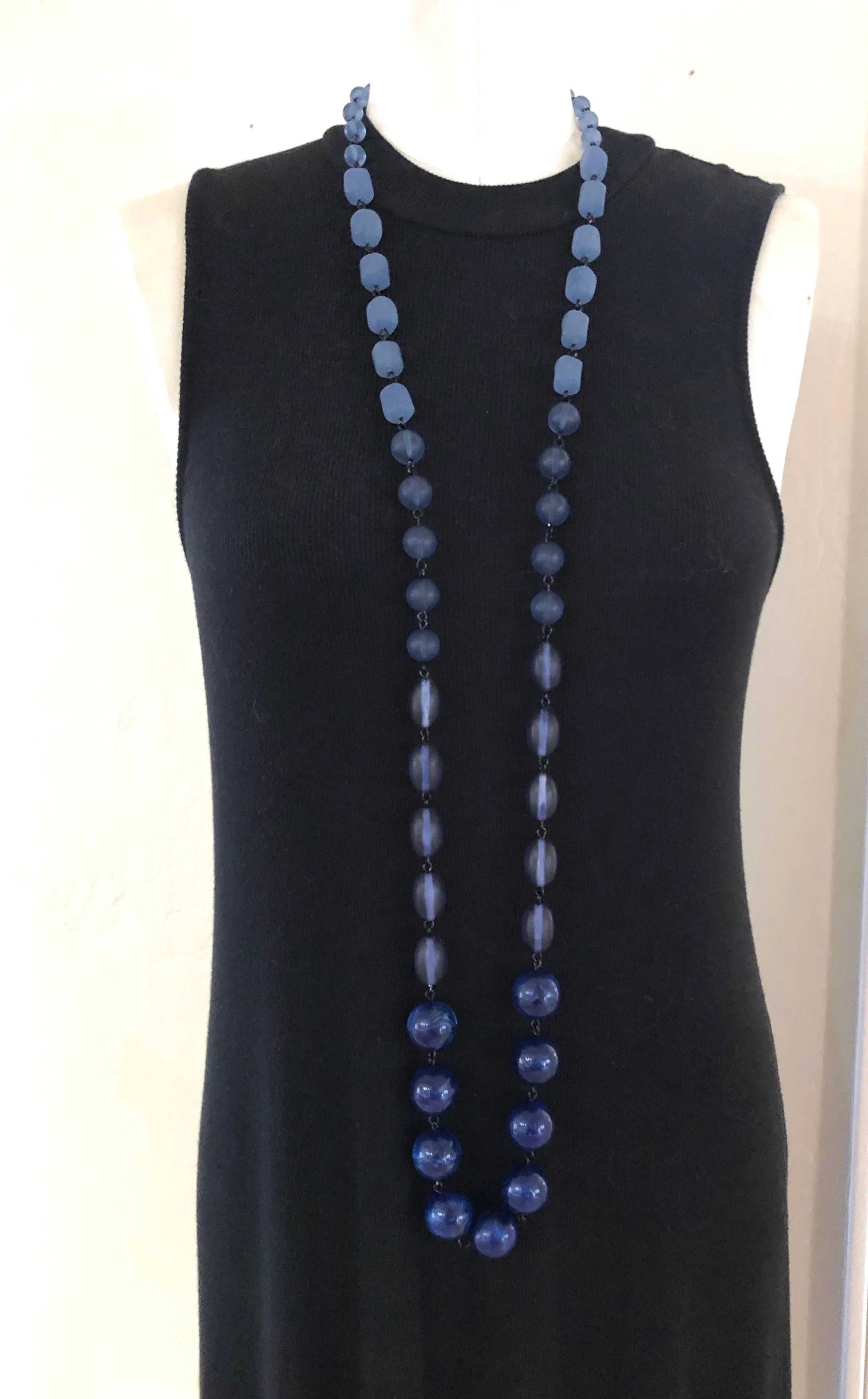 Denim Blue Rosary Chain Rope Necklace Beaded