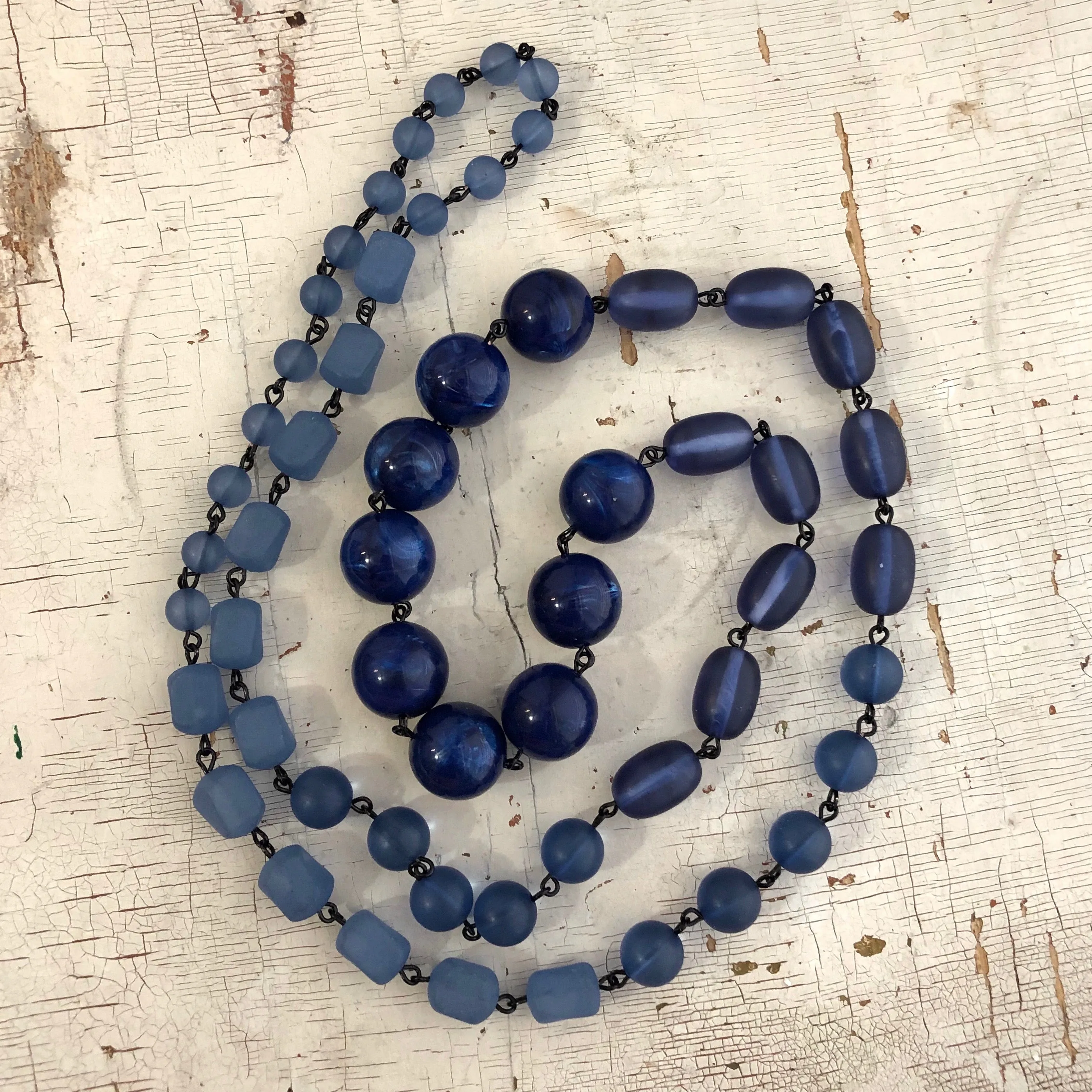 Denim Blue Rosary Chain Rope Necklace Beaded