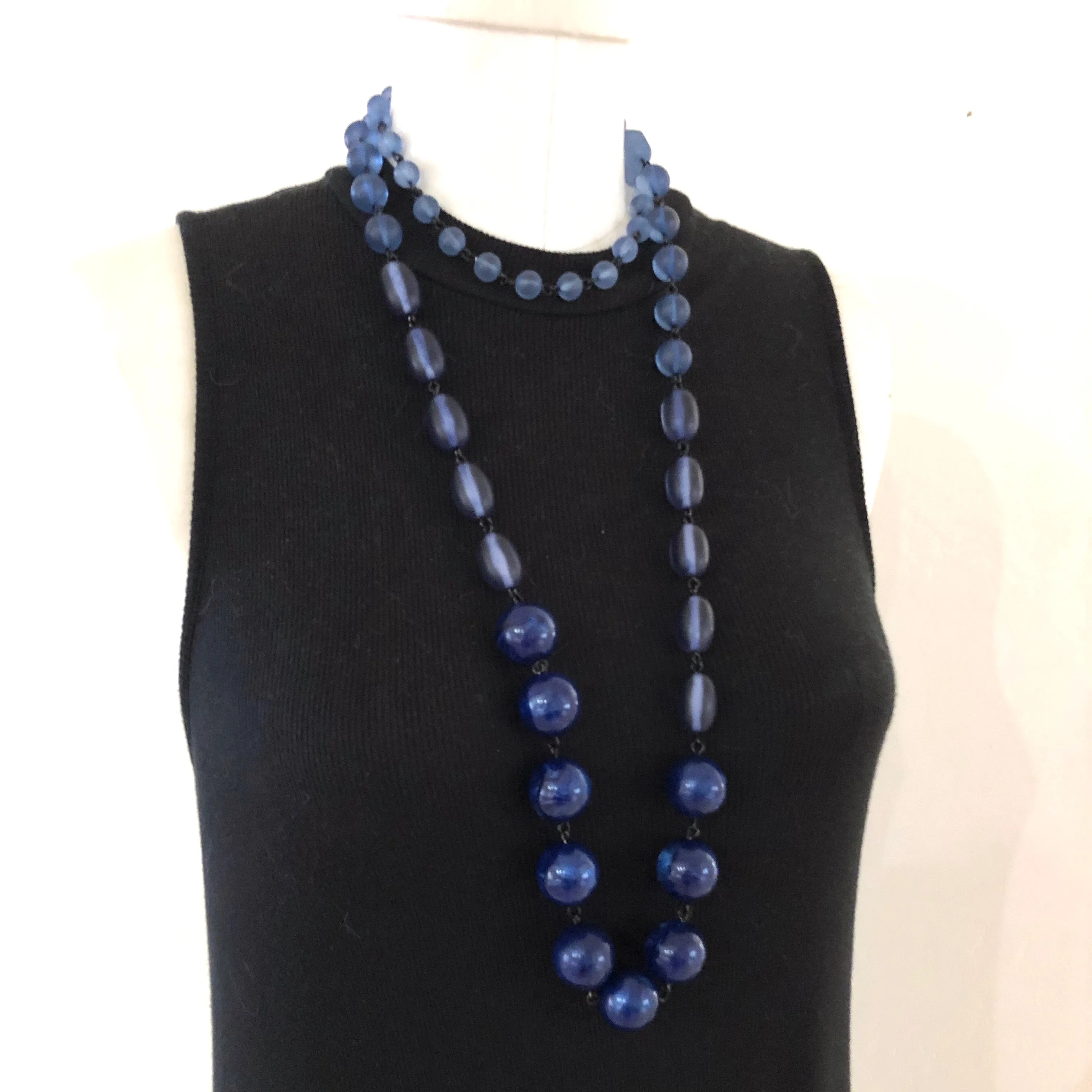 Denim Blue Rosary Chain Rope Necklace Beaded