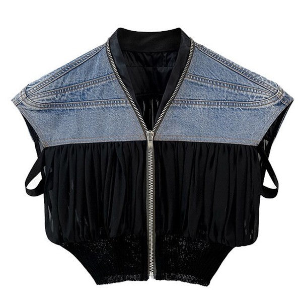 Denim Chiffon Crop Vest