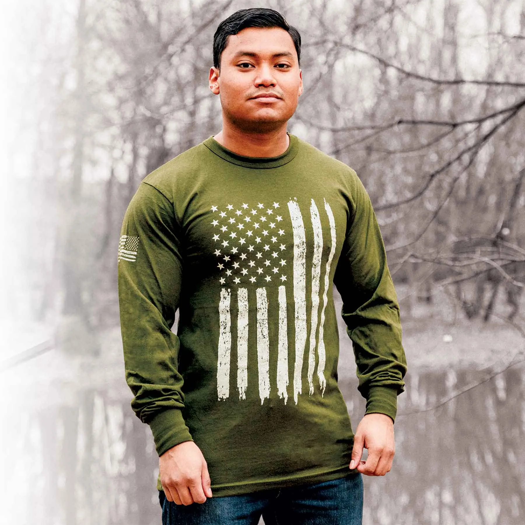 Distressed Flag Long Sleeve Tee