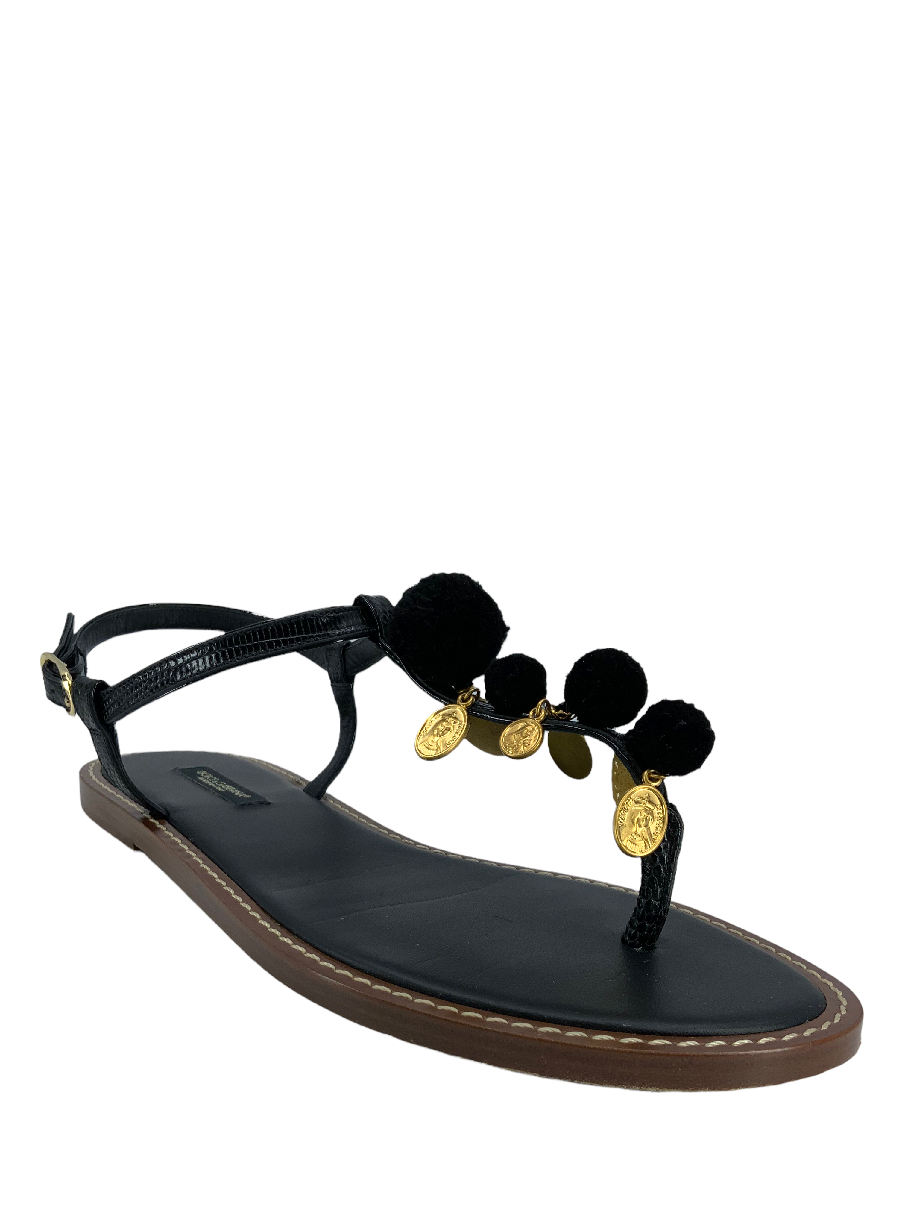 Dolce & Gabbanna Gold Coin Pom Pom Thong Sandals 8.5