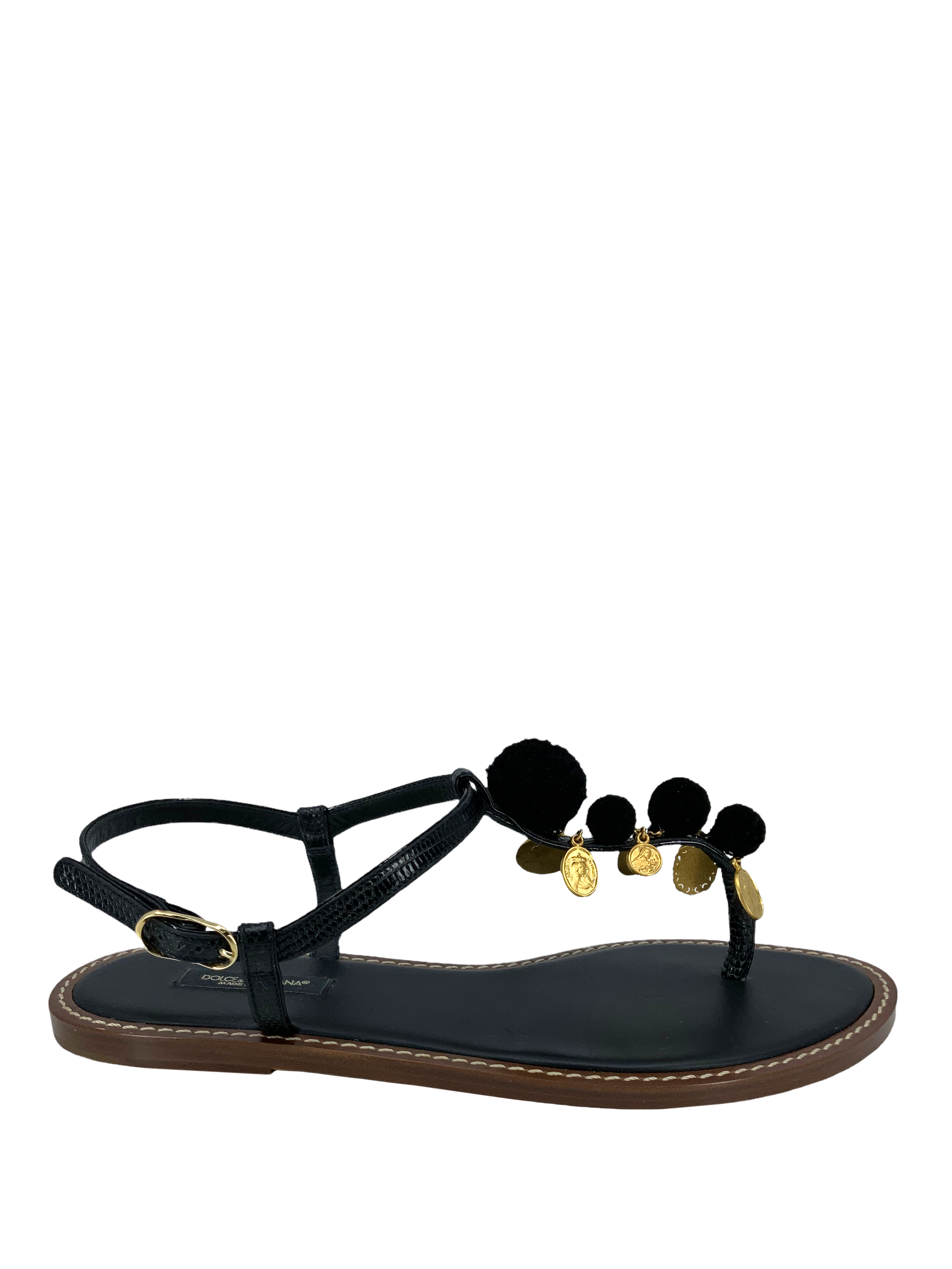 Dolce & Gabbanna Gold Coin Pom Pom Thong Sandals 8.5