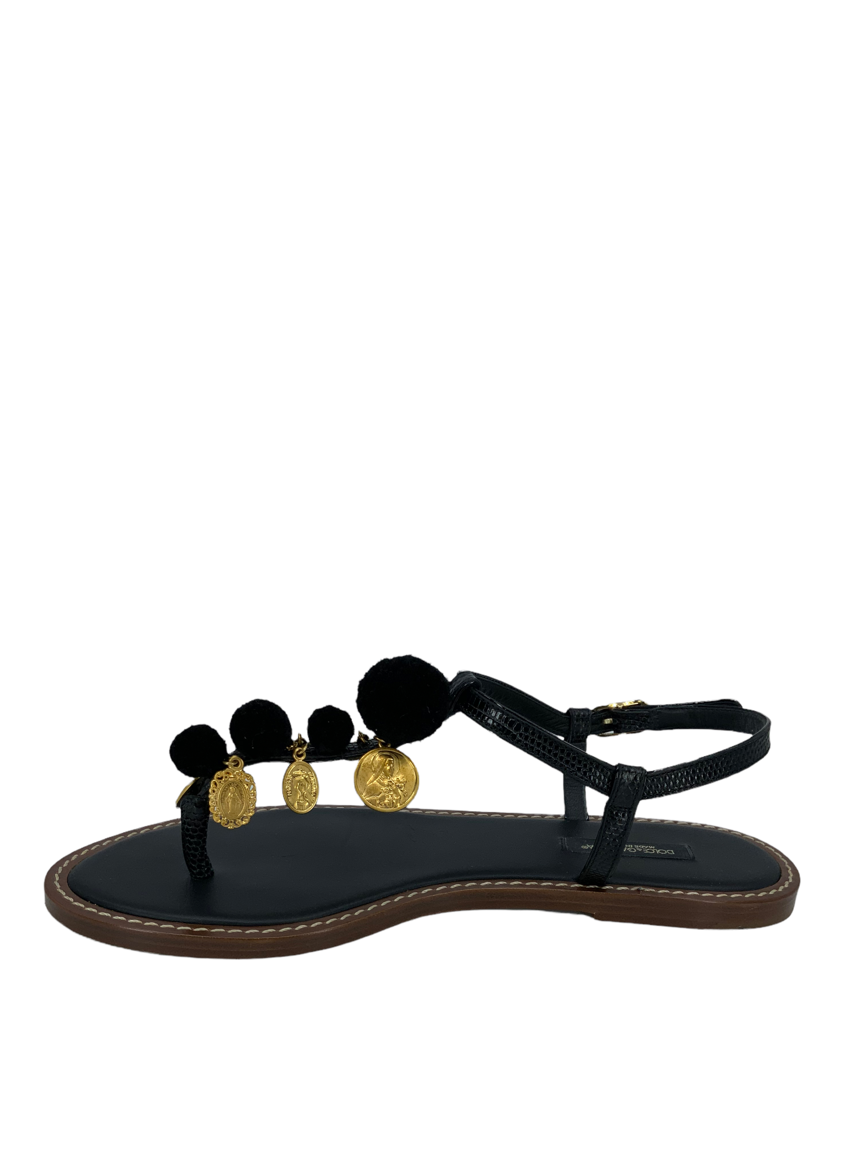 Dolce & Gabbanna Gold Coin Pom Pom Thong Sandals 8.5