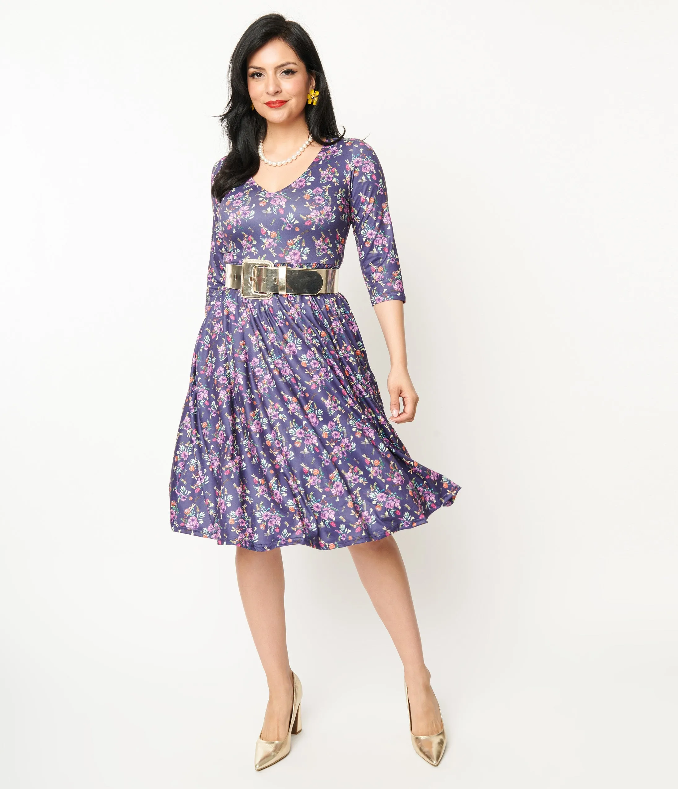 Dolly & Dotty Purple Dragonfly Floral Print Fit & Flare Billie Dress for Women