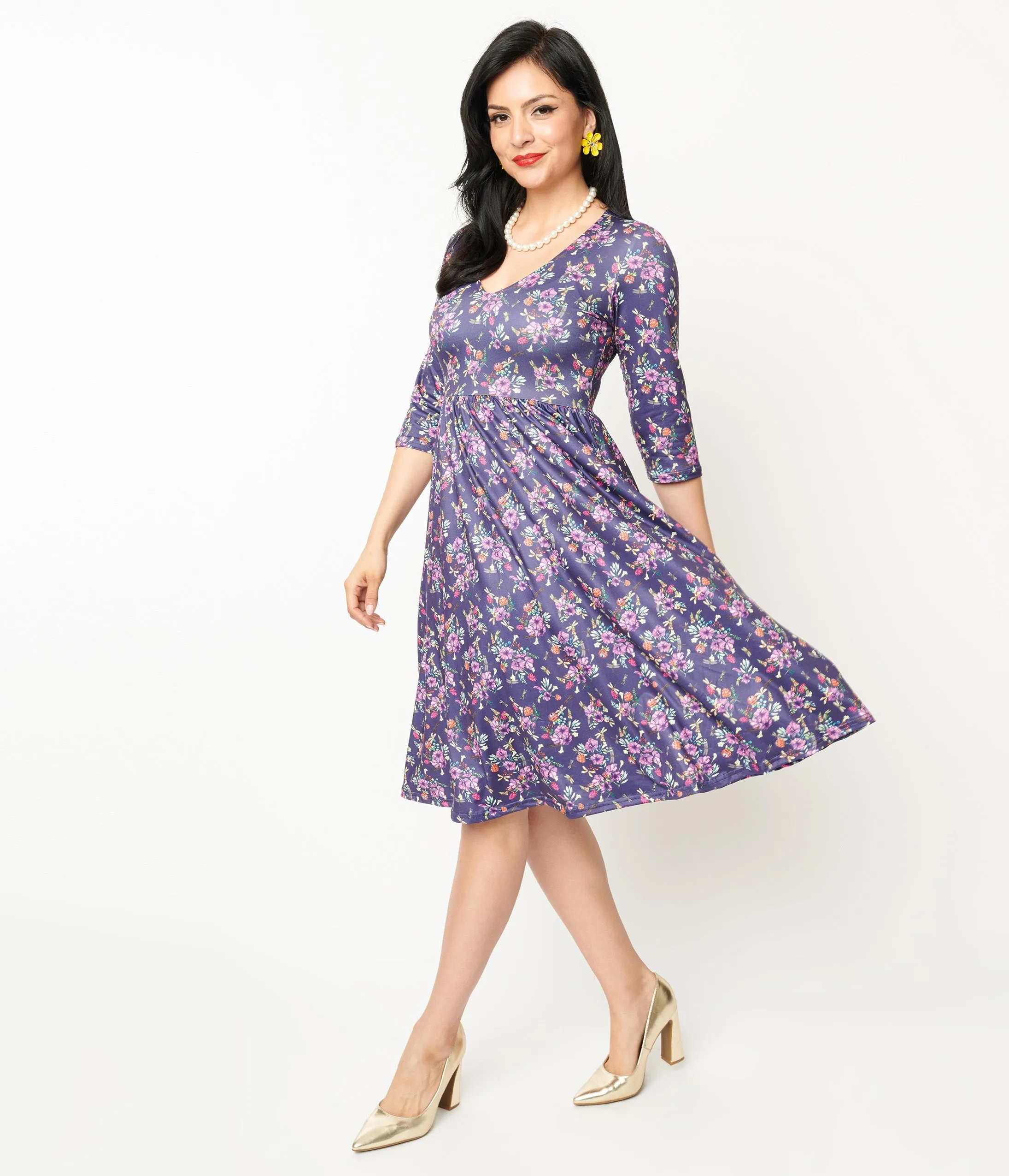 Dolly & Dotty Purple Dragonfly Floral Print Fit & Flare Billie Dress for Women