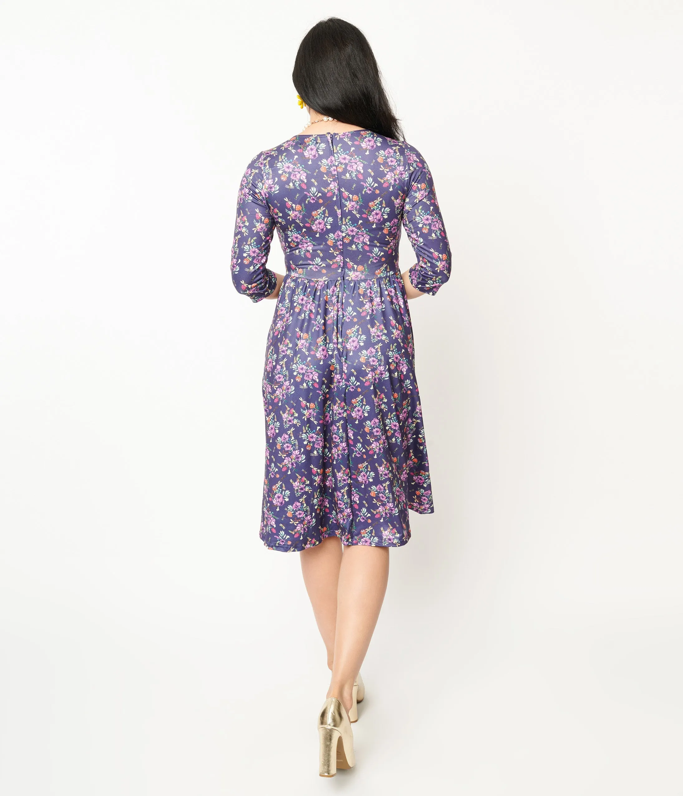 Dolly & Dotty Purple Dragonfly Floral Print Fit & Flare Billie Dress for Women