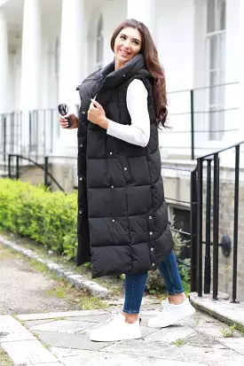 Double Black Long Puffer Gilet Coat Wrap - Lux