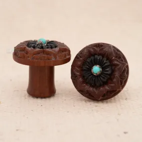 Flower with Turquoise Double-Flared Wood Plugs (0 Gauge)