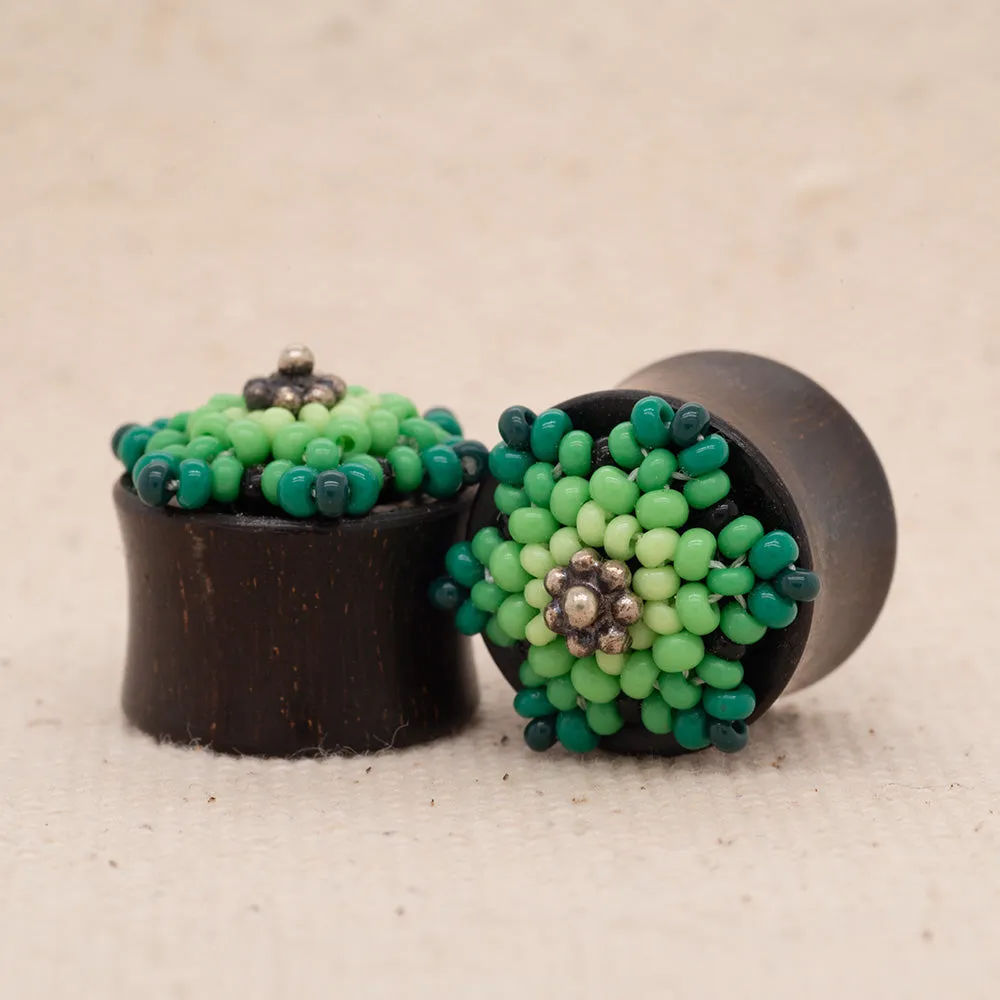 Double Flared Wood with Beaded Flower Plugs - 5/8 Gauge