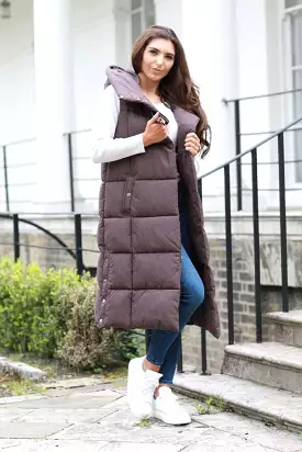 Double Long Brown Puffer Gilet