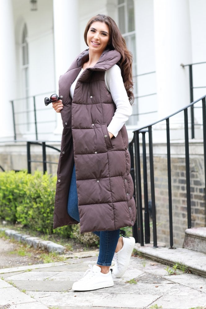 Double Long Brown Puffer Gilet