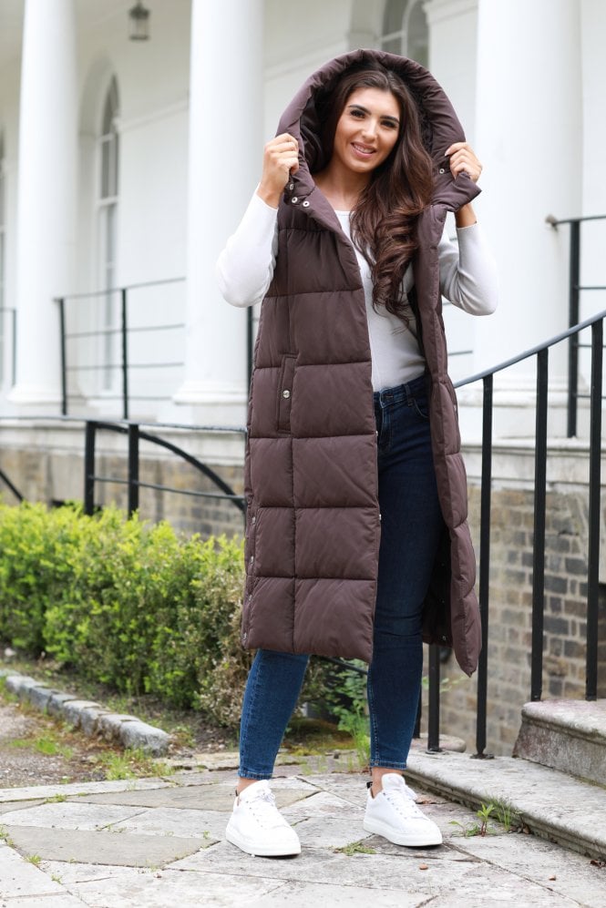 Double Long Brown Puffer Gilet