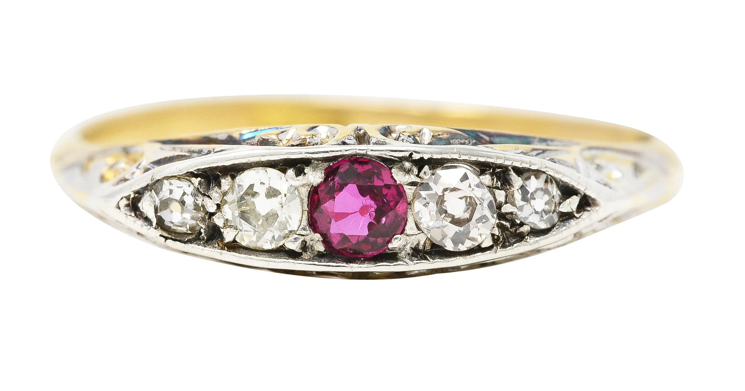 Edwardian Ruby European Cut Diamond Platinum-Topped Yellow Gold Scroll Antique Five Stone Band Ring